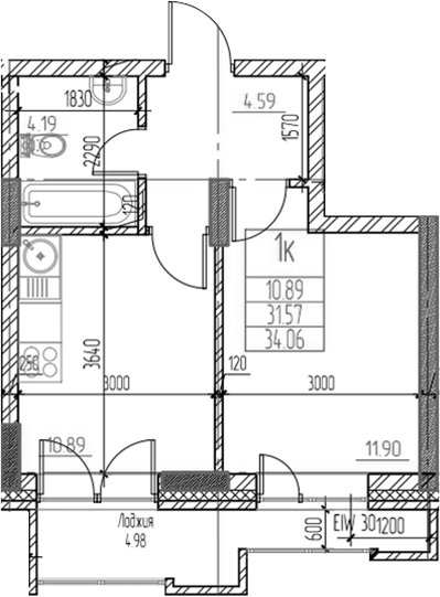 Планировка 1-к.кв 31.57 м² в ЖК «Чернышевский»