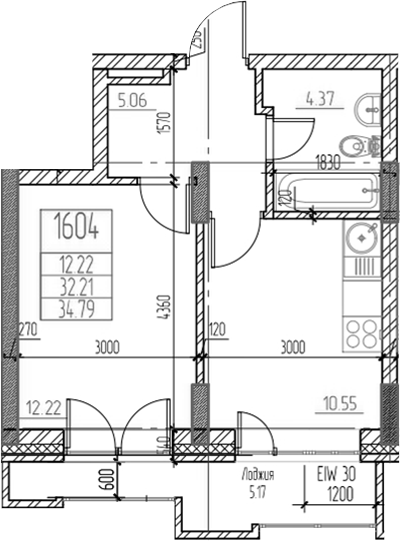Планировка 1-к.кв 32.20 м² в ЖК «Чернышевский»
