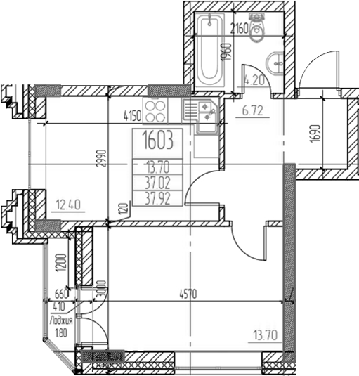 Планировка 1-к.кв 37.02 м² в ЖК «Чернышевский»