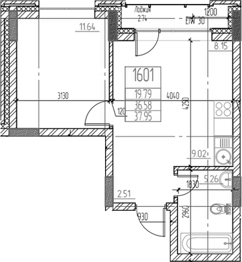 Планировка 2е-к.кв 36.58 м² в ЖК «Чернышевский»