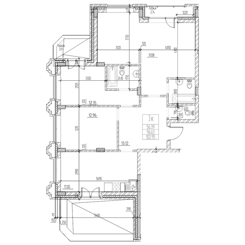 Планировка 3-к.кв 96.60 м² в ЖК «Чернышевский»