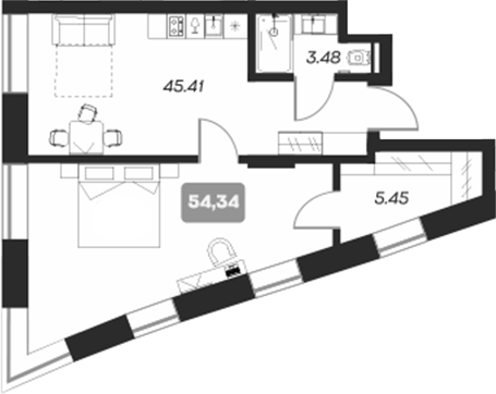 Планировка своб. план. 54.34 м² в ЖК «Аэрон»