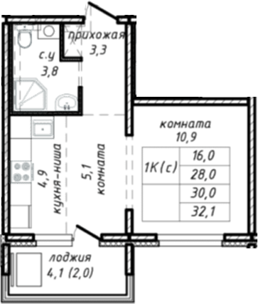 Планировка 1-к.кв 28.00 м² в ЖК «Азимут»