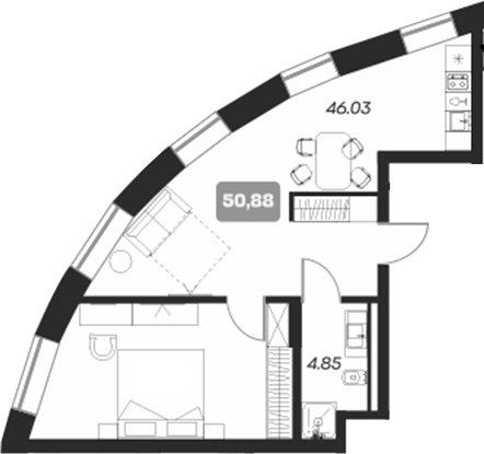 Планировка своб. план. 50.88 м² в ЖК «Аэрон»