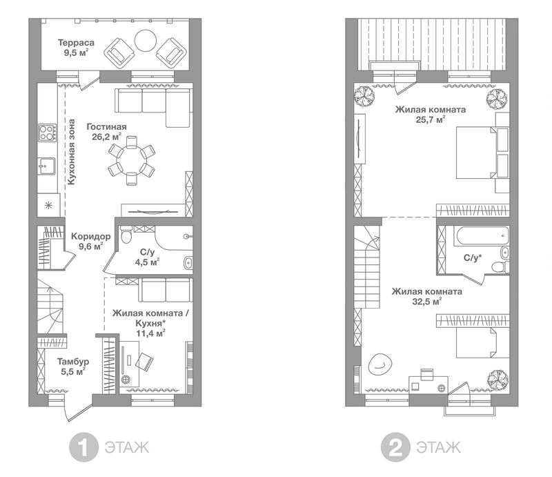 Планировка таунхаусы 115.75 м² в ЖК «Жилой Квартал Высокой Культуры Ясный»