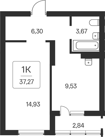 Планировка 1-к.кв 34.43 м² в ЖК «Расцветай на Бугринской роще»
