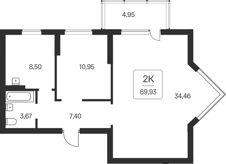 Планировка 2-к. квартира 64.98 м² в ЖК «Расцветай на Бугринской роще»