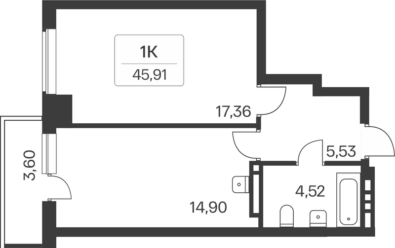 Планировка 1-к.кв 42.31 м² в ЖК «Расцветай на Зорге»