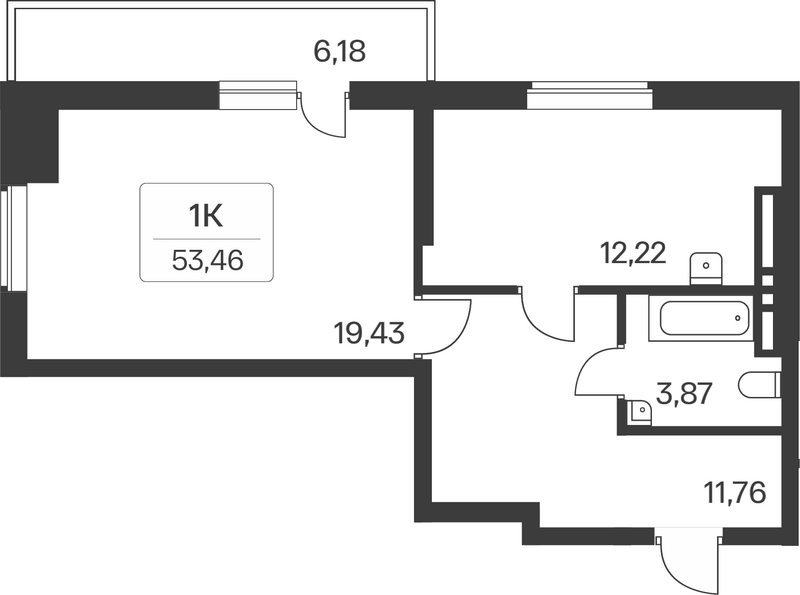 Планировка 1-к.кв 47.28 м² в ЖК «Расцветай на Зорге»