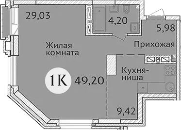 Планировка студии 48.63 м² в ЖК «Заельцовский New»