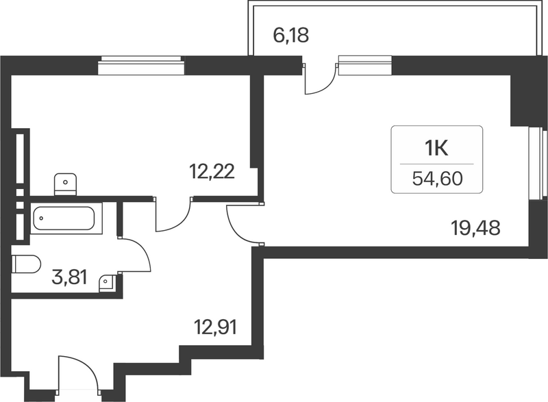 Планировка 1-к.кв 48.42 м² в ЖК «Расцветай на Зорге»