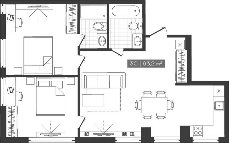 Планировка студии 63.20 м² в ЖК «Freedom»