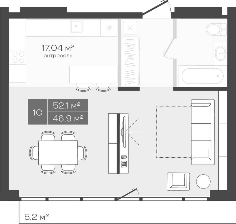 Планировка студии 46.90 м² в ЖК «Freedom»