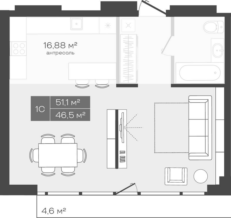 Планировка студии 46.50 м² в ЖК «Freedom»