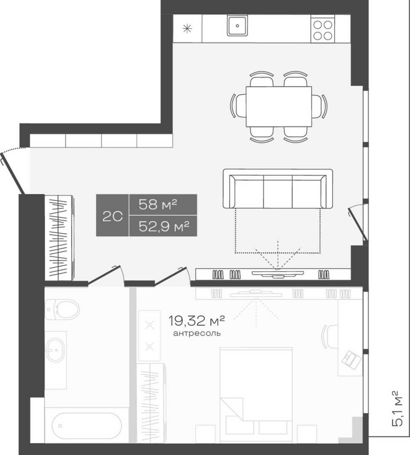 Планировка студии 52.90 м² в ЖК «Freedom»