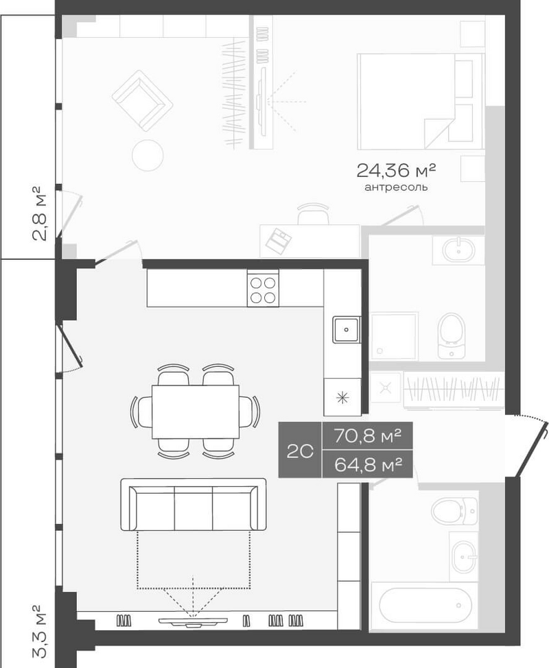 Планировка студии 64.80 м² в ЖК «Freedom»