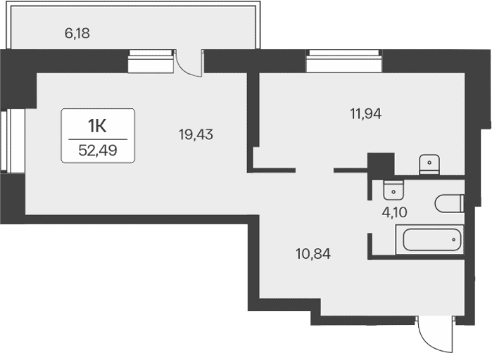 Планировка 1-к.кв 46.31 м² в ЖК «Расцветай на Зорге»