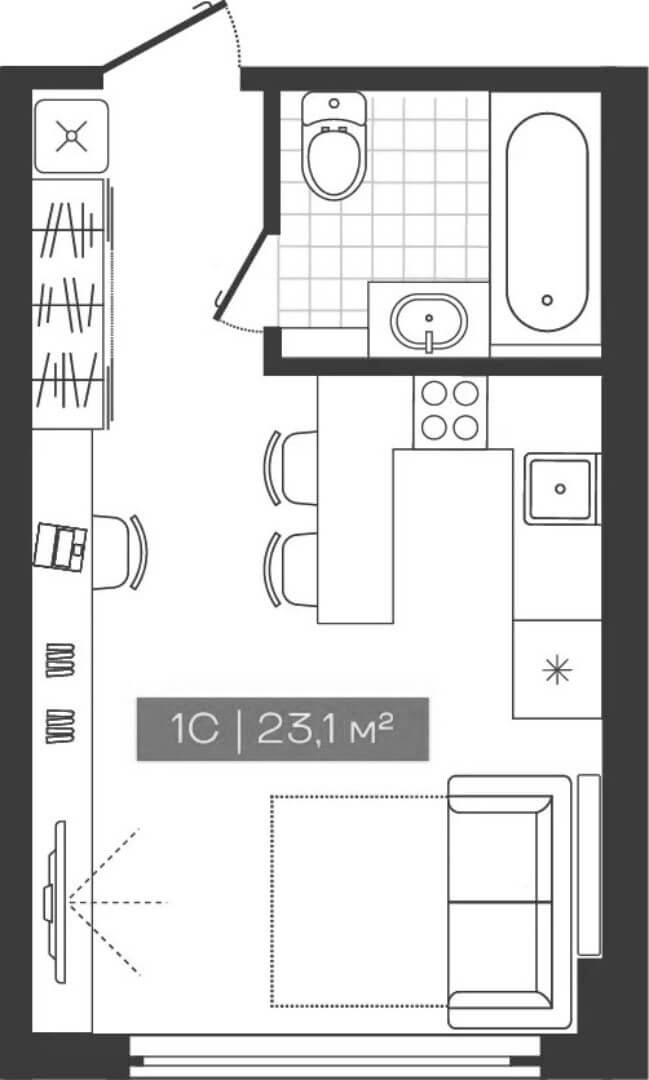 Планировка студии 23.10 м² в ЖК «Freedom»