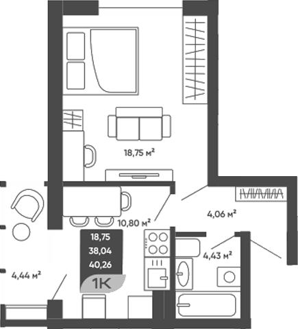 Планировка 1-к.кв 38.04 м² в ЖК «Мичурин»