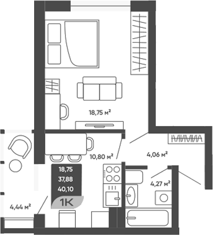 Планировка 1-к.кв 37.88 м² в ЖК «Мичурин»