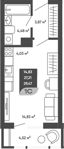 Планировка студии 27.21 м² в ЖК «Мичурин»