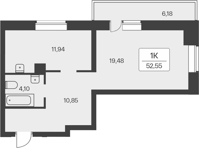 Планировка 1-к.кв 46.37 м² в ЖК «Расцветай на Зорге»