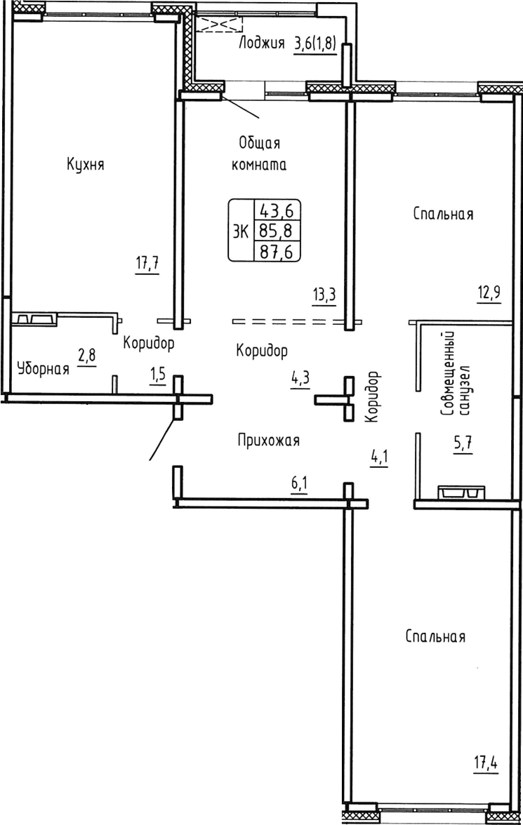 Планировка 3-к.кв 85.80 м² в ЖК «Самоцветы»