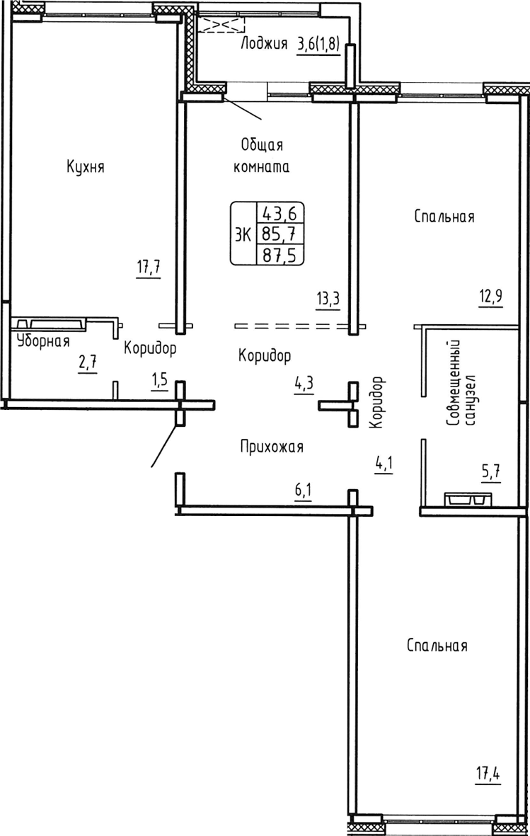 Планировка 3-к.кв 85.70 м² в ЖК «Самоцветы»