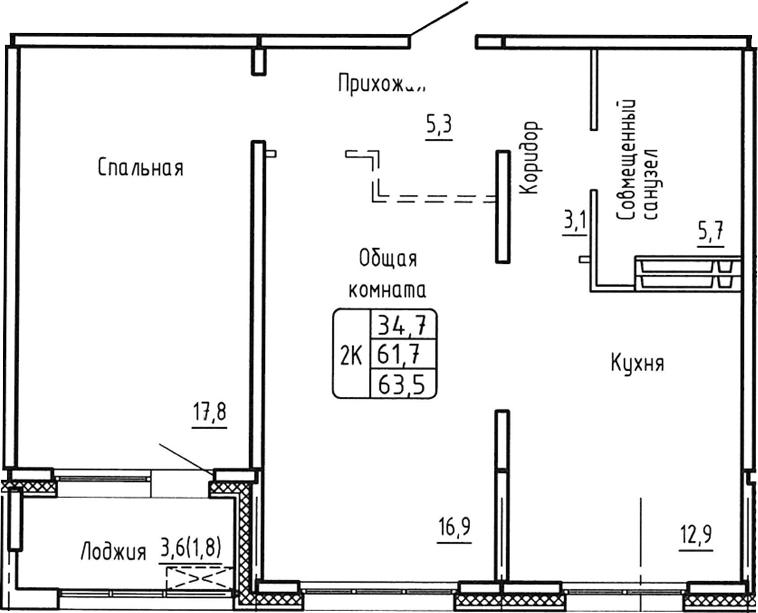 Планировка 2-к.кв 61.70 м² в ЖК «Самоцветы»