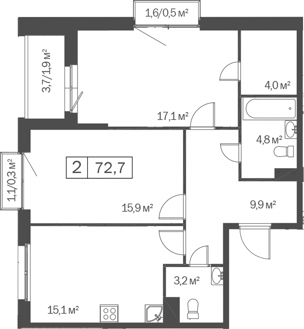Планировка 2-к.кв 70.00 м² в ЖК «Счастье в Кольцово»