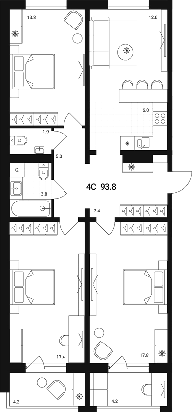 Планировка 4е-к.кв 85.40 м² в ЖК «Воздушная гавань 2.0»