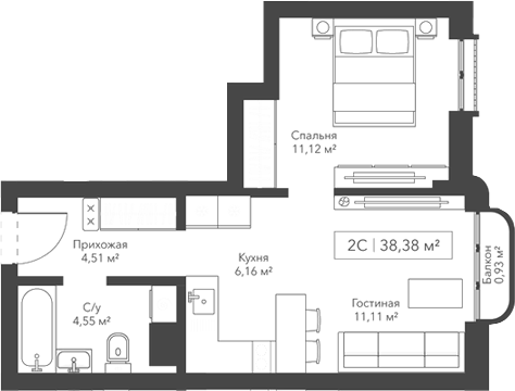 Планировка 2е-к.кв 37.45 м² в ЖК «Виларт/Willart»