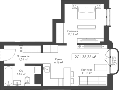 Планировка 2е-к.кв 37.45 м² в ЖК «Виларт/Willart»