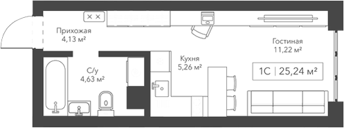 Планировка студии 25.24 м² в ЖК «Виларт/Willart»
