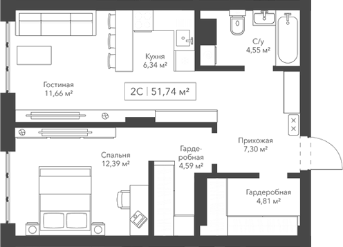 Планировка 2е-к.кв 51.64 м² в ЖК «Виларт/Willart»