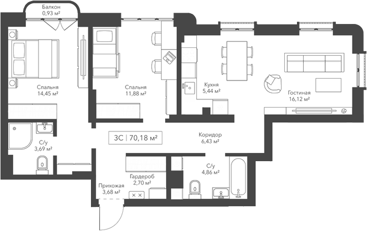 Планировка 3е-к.кв 69.25 м² в ЖК «Виларт/Willart»