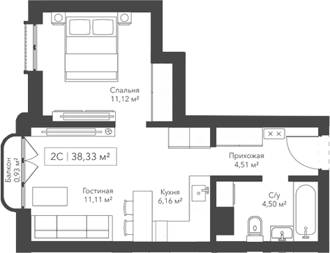 Планировка 2е-к.кв 37.40 м² в ЖК «Виларт/Willart»