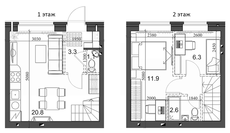 Планировка таунхаус 48.20 м² в ЖК «Коттеджный поселок Березки Садовый»