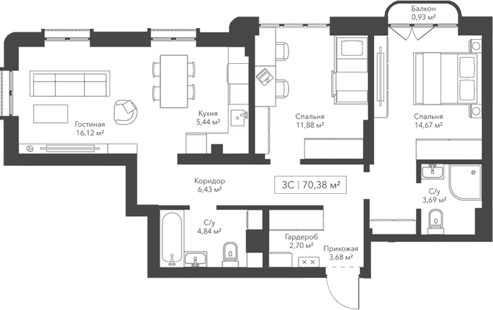 Планировка 3е-к.кв 69.45 м² в ЖК «Виларт/Willart»