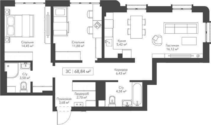 Планировка 3е-к.кв 68.84 м² в ЖК «Виларт/Willart»