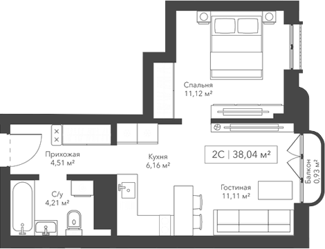 Планировка 2е-к.кв 37.11 м² в ЖК «Виларт/Willart»