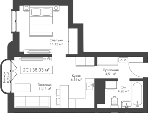 Планировка 2е-к.кв 37.10 м² в ЖК «Виларт/Willart»