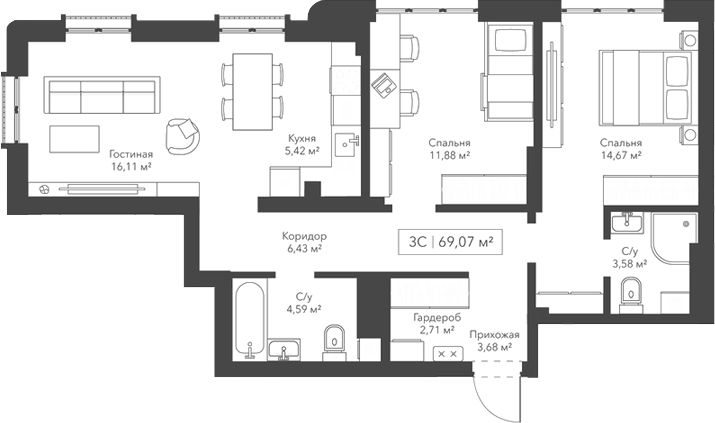 Планировка 3е-к.кв 69.07 м² в ЖК «Виларт/Willart»