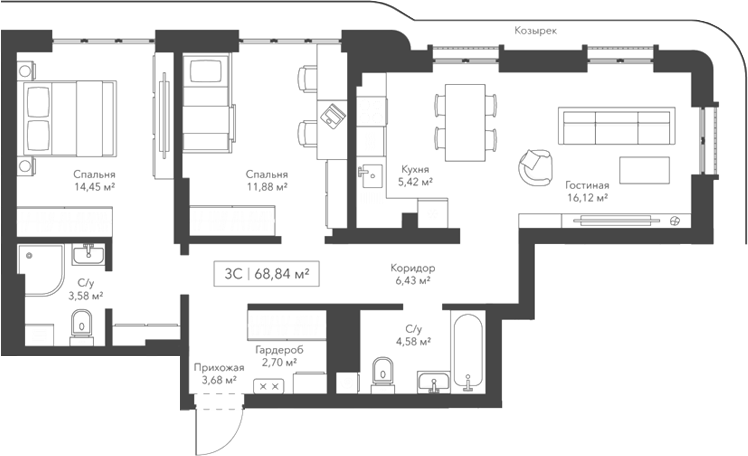 Планировка 3е-к.кв 68.84 м² в ЖК «Виларт/Willart»