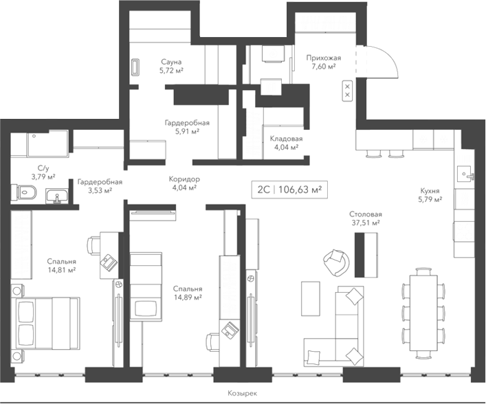 Планировка 3е-к.кв 106.64 м² в ЖК «Виларт/Willart»