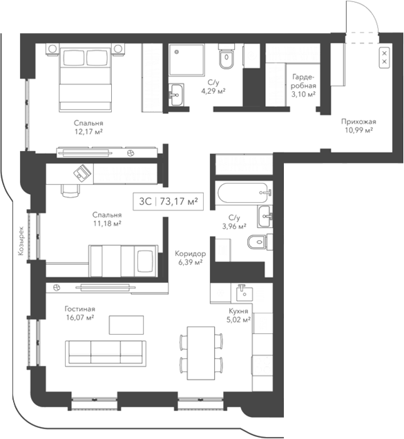 Планировка 3е-к.кв 73.17 м² в ЖК «Виларт/Willart»