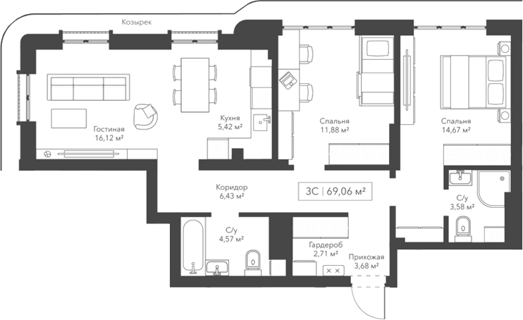 Планировка 3е-к.кв 69.08 м² в ЖК «Виларт/Willart»