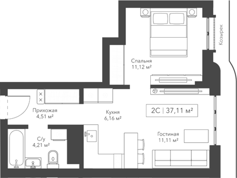 Планировка 2е-к.кв 37.11 м² в ЖК «Виларт/Willart»
