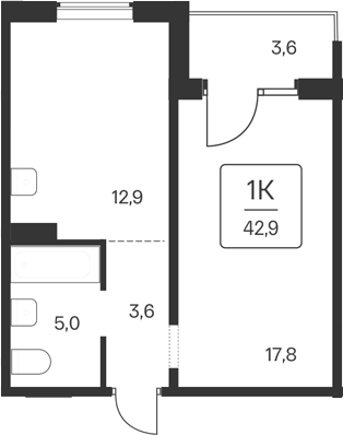 Планировка 1-к. квартира 39.30 м² в ЖК «Квартал Цветной Бульвар»