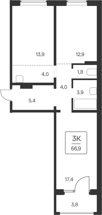Планировка 2-к. квартира 63.10 м² в ЖК «Квартал Цветной Бульвар»
